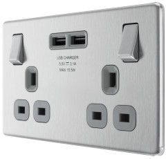 BG Flatplate Screwless 2 Gang Socket + USB 3.1A Grey Inserts